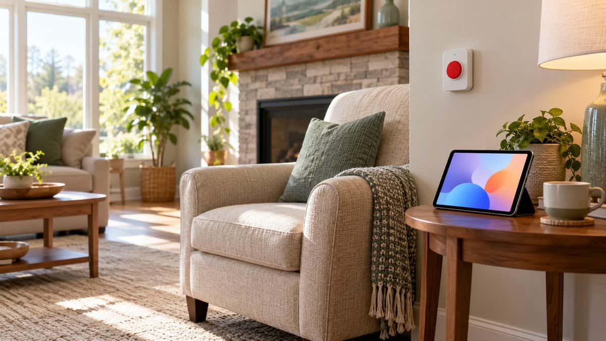 Living room with an armchair, a wall-mounted alert button and a tablet on a side table